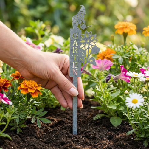 Gartenstecker Metall Silber 50 cm mit Zwerg und Blume