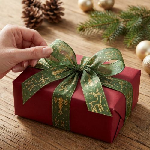 Artikel Weihnachtsband mit Drahtkante Rentier-Motiv Grün-Gold 25mm x 18m