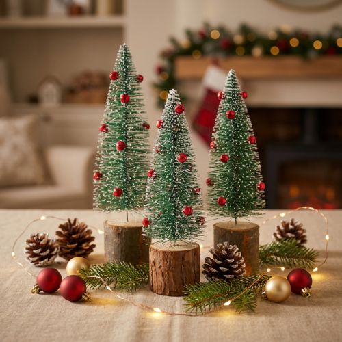 Tannenbäume Grün beschneit mit Holzstamm Ø6cm H20cm 4 Stück | Floristik24.at