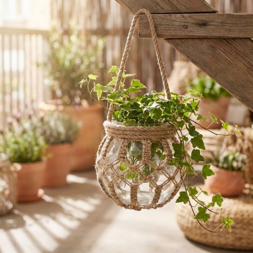 Artikel Makramee Glas Deko Hängedeko Ø16cm H29cm aus Glas und Jute in Naturfarben