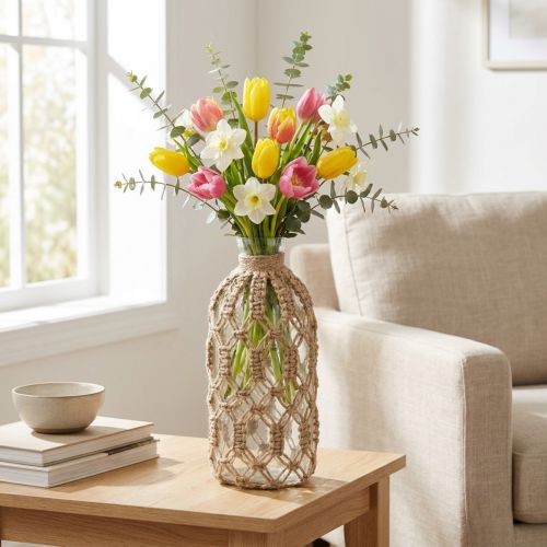 Makramee Glasflasche mit Jute, Vase, Ø 10,5 cm, H 26 cm, Natur | Floristik24.at