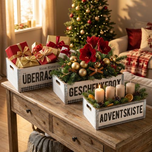 Artikel Dekokisten-Set Weihnachten MDF, Metall, Weiß, Karo 3-teilig