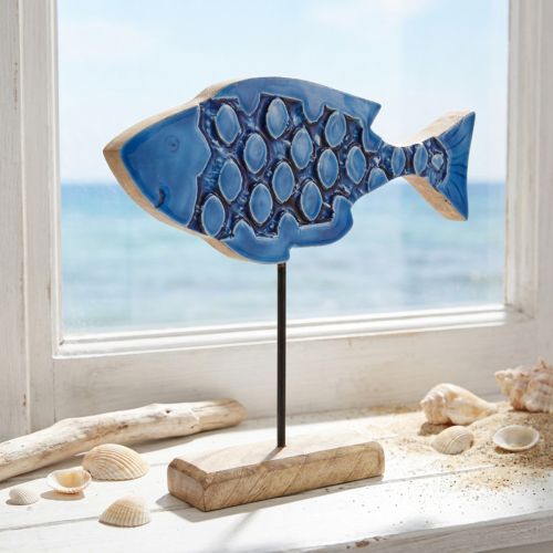 Maritimer Deko Fisch aus Mangoholz Blau 25cm × 24,5cm | Floristik24.at