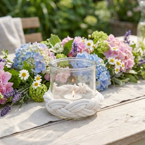 Windlicht Glas mit Makramee Ø13cm H10cm Weiß | Floristik24.at