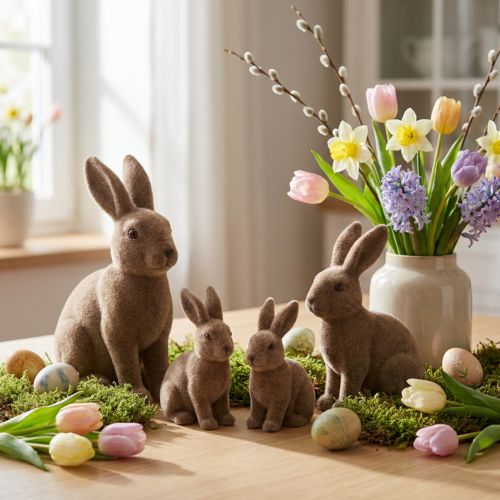 Dekofigur beflockter Hase Braun 11cm und 13,5cm 6er-Set Kunststoff | Floristik24.at