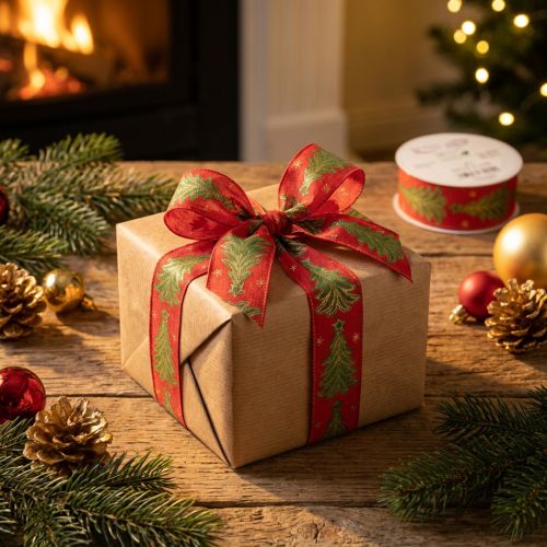 Artikel Geschenkband Stoff Tannenbaum Sterne 40mm 15m Rot Grün Gold