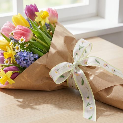 Artikel Geschenkband Blütenmuster Bellis Polyester 25mm 20m Weiß