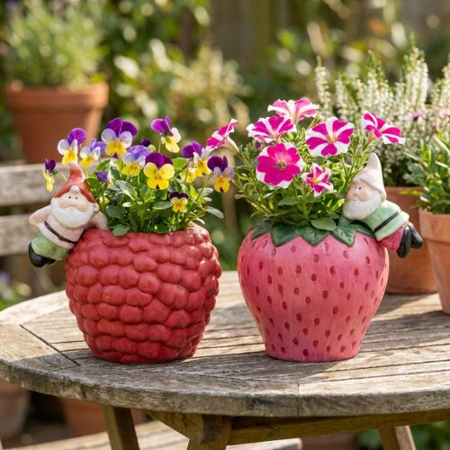 Artikel Keramik-Übertopf-Set mit Kantenhänger-Zwergen, Ø14,5cm, rot-rosa, 2-teilig