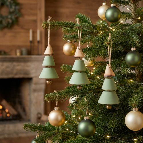 Artikel Christbaumschmuck Tannenbaum aus Holz, Grün/Natur, H10cm L24cm, 4 Stück
