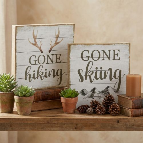 Vintage Holz-Dekoschilder mit Sprüchen, 20x20cm, 2er-Set, „Gone Skiing“ & „Gone Hiking“ | Floristik24.at