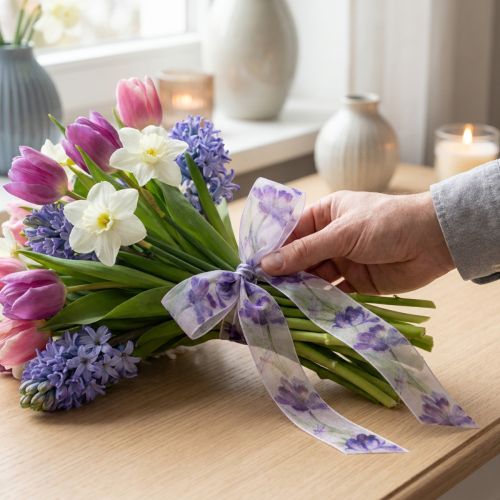 Artikel Organzaband Chiffonband mit Papageientulpen-Motiv Lila 40 mm x 18 m