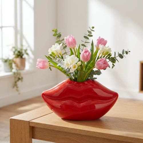 Keramikvase Lippenmotiv Rot 17×8,5×9 cm | Floristik24.at
