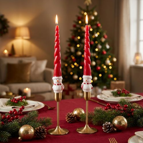 Artikel Spitzkerzen Schneemann Design Paraffin Rot Weiß 26cm 2 Stück