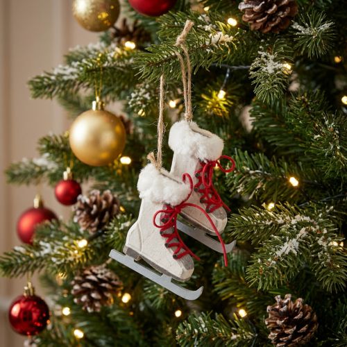 Schlittschuh-Anhänger aus Holz in Weiß mit Kunstfell, 8 cm, 3 Stück | Floristik24.at