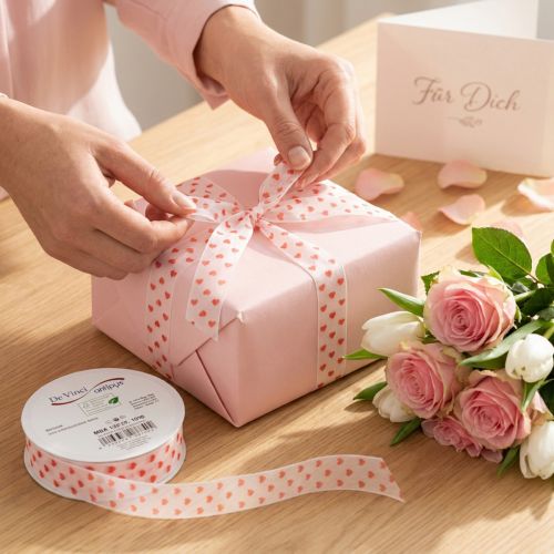Artikel Geschenkband Polyester Herzen Weiß Rot 2,5 cm x 15 m für Geschenkverpackungen