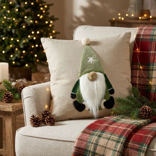 Dekokissen mit Wichtel aus Polyester Baumwolle Beige Grün 40×40cm | Floristik24.at