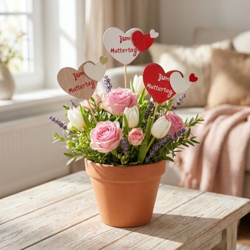 Artikel Blumenstecker Holzherz „Zum Muttertag“ 8×5,5cm Rot-Weiß-Natur 12 Stück
