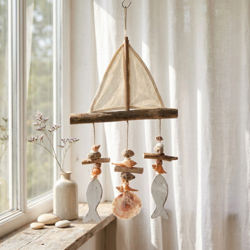 Artikel Windspiel aus Holz mit Segelschiff und Fischen, Weiß und Natur, 56 cm
