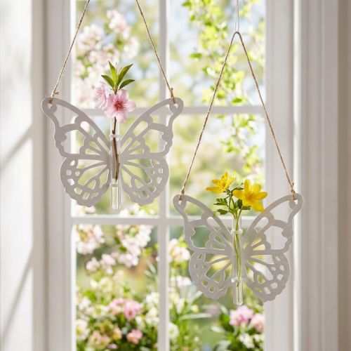 Schmetterling aus Holz mit Reagenzglas zum Hängen 19x24cm Weiß Natur 3 Stück | Floristik24.at