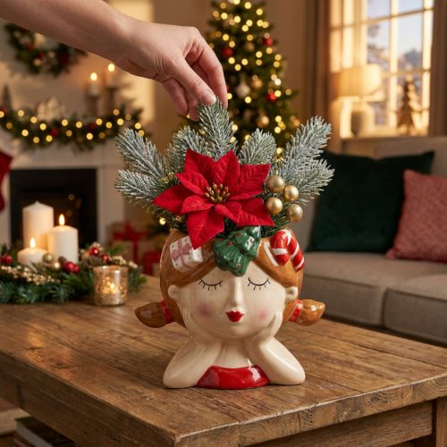 Pflanzkopf Mädchen Keramik 17 cm Rot-Weiß Weihnachten | Floristik24.at