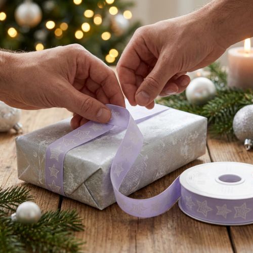 Dekoband Polyester Sternenmuster Flieder 25mm x 18m Innenbereich | Floristik24.at