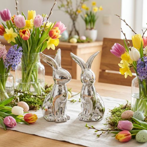 Keramik Dekofigur Osterhase Silber sitzend 18cm 2 Stück | Floristik24.at