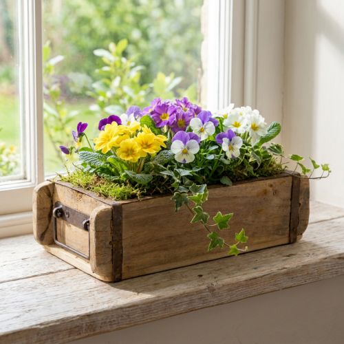 Pflanzkasten aus Holz 32×15×10cm mit Metallgriff Vintage-Charme | Floristik24.at