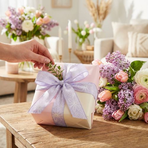 Geschenkband aus Polyethersulfon und Leinen mit Blumenmuster, 25mm x 18m, Flieder | Floristik24.at