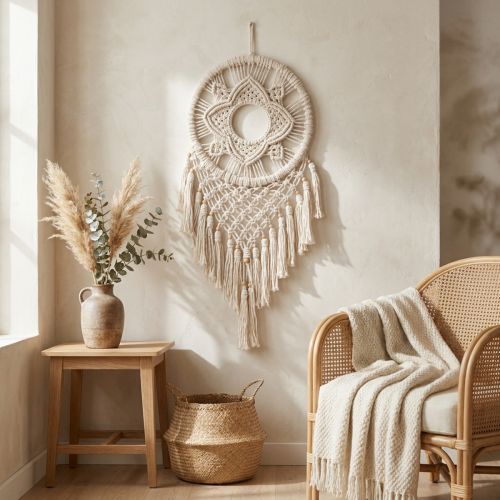 Artikel Makramee Traumfänger aus Baumwolle in Creme, 29 × 72 cm