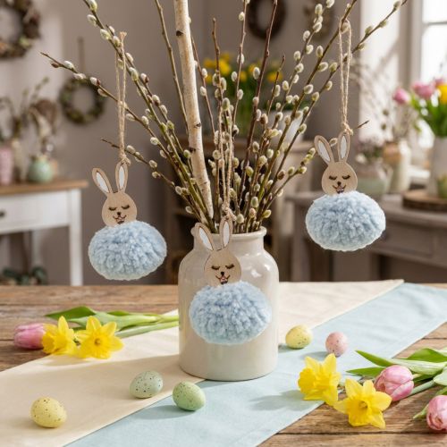 Puschelhasen Dekohänger Holz und Plüsch Hellblau 7×7×10cm 6er Set | Floristik24.at