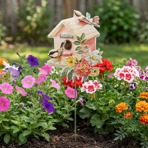 Gartenstecker aus Metall mit Vogelhaus und Blumenmotiv, Grün, Bunt, 76,5cm | Floristik24.at