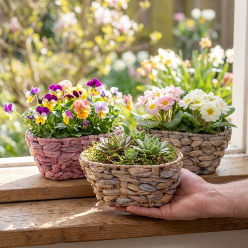 Pflanzkorb-Set aus Seegras und Wasserhyazinthe, oval, 20,5cm, 3 Stück, naturfarben, rosa, weiß | Floristik24.at