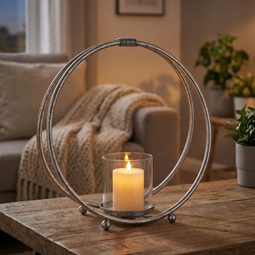 Windlicht Kerzenhalter aus Metall und Glas in Silber Ø33cm | Floristik24.at