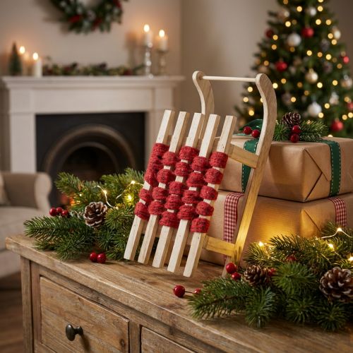 Deko-Schlitten Holz natur und rot 42×17×12cm | Floristik24.at