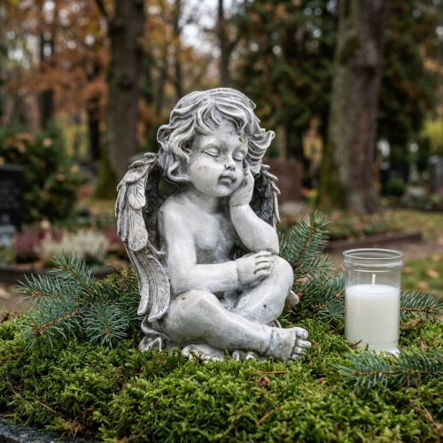Grabengel aus Polyresin, Grau, 24cm, Sitzende Engelfigur mit gefalteten Beinen | Floristik24.at