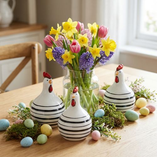 Dekofigur Huhn aus Keramik, Weiß mit schwarzen Streifen, Ø 7 cm, H 11 cm, 3er-Set | Floristik24.at