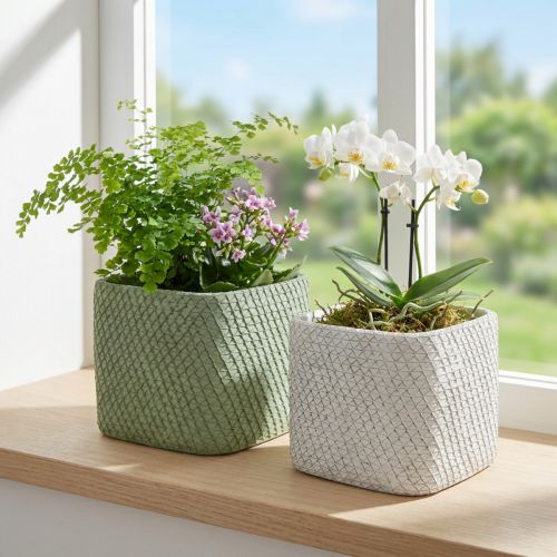 Keramik-Übertopf-Set mit Netz-Relief 17x17x15cm in Weiß und Grün, 2 Stück | Floristik24.at