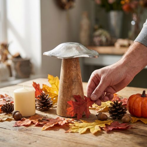 Tischdekoration Holzpilz aus Metall und Holz, Silber, Höhe 14 cm | Floristik24.at