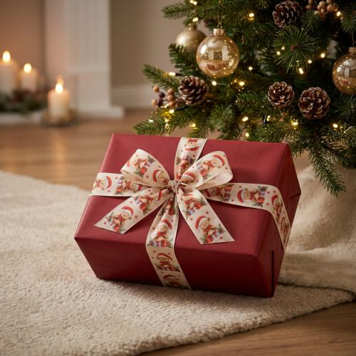 Artikel Geschenkband Stoff 40mm Bär Weihnachtsmütze Geschenke Creme Rot Grün 15m