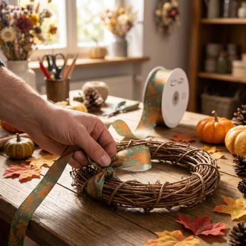 Artikel Dekoband Kunstseide Herbstfarben Blattmotiv 40mm x 15m