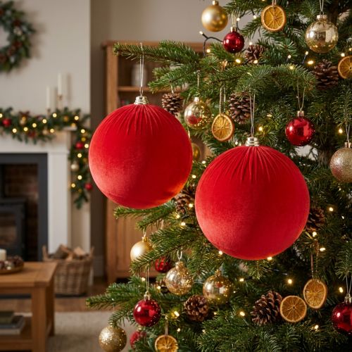 Artikel Weihnachtskugel Samt Rot 25 cm Set 2 Stück für Innenbereich