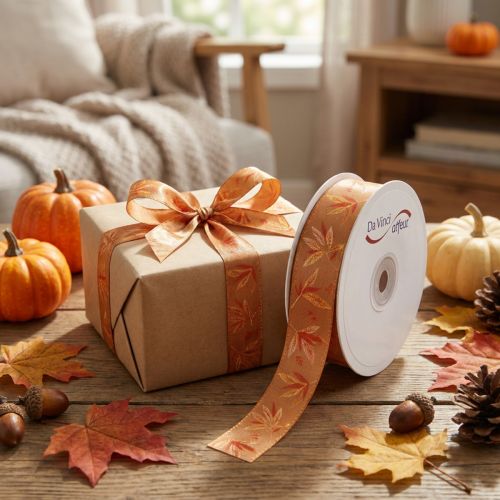 Artikel Geschenkband aus Kunstseide mit Blättermotiv 25mm 18m in Herbstfarben