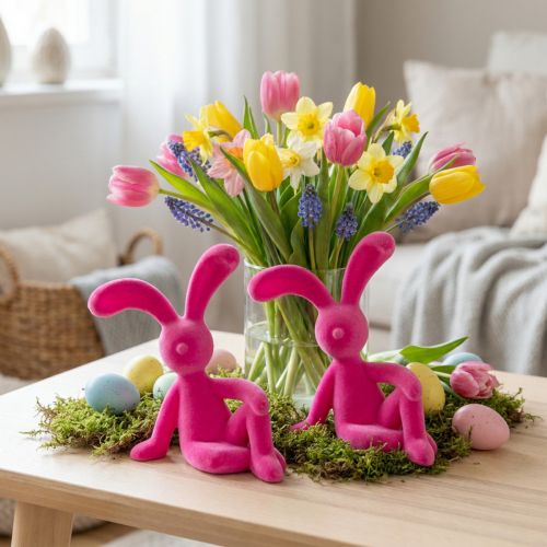 Dekofigur Hase aus Kunststoff mit samtiger Oberfläche 22 cm Pink 2 Stück | Floristik24.at