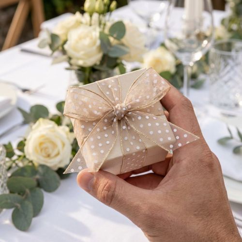 Artikel Geschenkband aus Polyester, 1,5 cm breit, 20 m, braun mit weißen Punkten