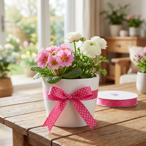 Artikel Polyester-Geschenkband gepunktet 10mm x 25m in Pink und Weiß