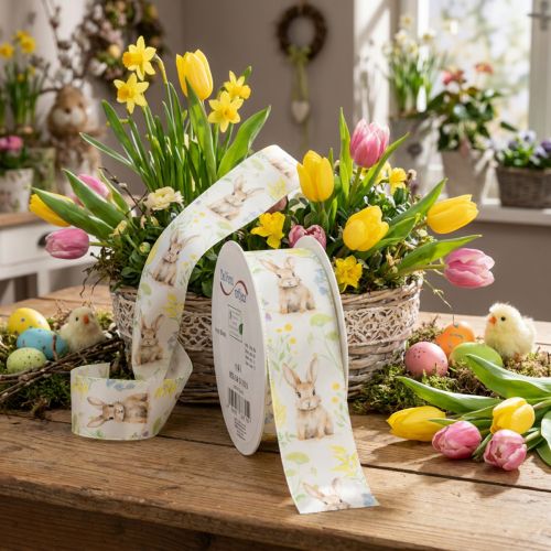 Artikel Polyester Geschenkband mit Häschenmotiv 15m x 4cm Frühlingsfarben