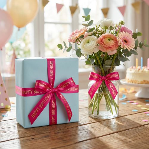 Artikel Geschenkband Polyester Rosa mit Happy Birthday Schriftzug 18m x 1,5cm
