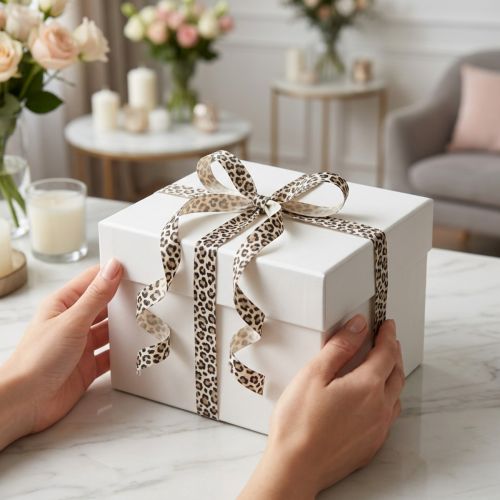 Artikel Geschenkband Baumwolle Leopardenmuster 10 mm 100 m cremeweiß