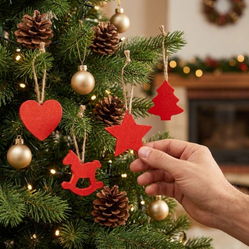 Weihnachtsanhänger aus Holz Rot 34-teilig mit Herzen, Bäumen, Pferden und Sternen | Floristik24.at