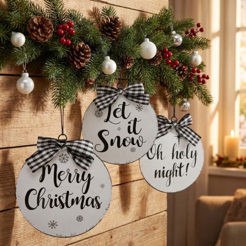 Dekohänger aus Metall, Vintage Christbaumkugel, Ø15cm, Weiß-Schwarz, 3er-Set mit Sprüchen | Floristik24.at